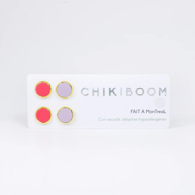 chikiboom-bouclesdoreilles-cuirrecycle-duo-magenta-lilas-or