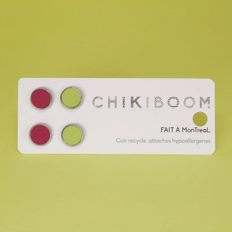 chikiboom-bouclesdoreilles-cuirrecycle-duo-kaki-magenta-inox
