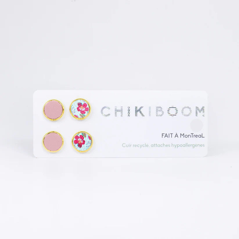 chikiboom-bouclesdoreilles-cuirrecycle-duo-rose-fleurs-or